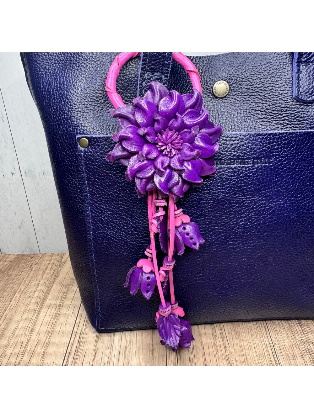Purple Dahlia Leather Flower Purse Charm Genuine Leather Purple Flower Bag Charm
